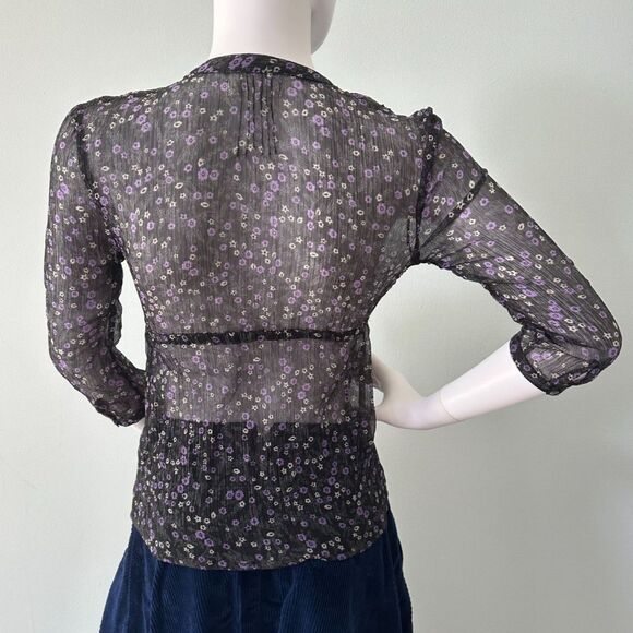 Aeropostale Sheer Black Purple Floral Blouse Ruched Button Front Top size XS - Picture 2 of 6